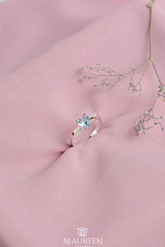 Anillo de promesa corazón piedra celeste - Plata/Oro