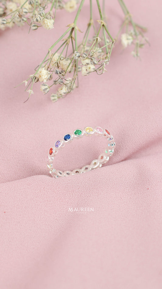 Anillo churumbela con circones multicolor circulares - Plata