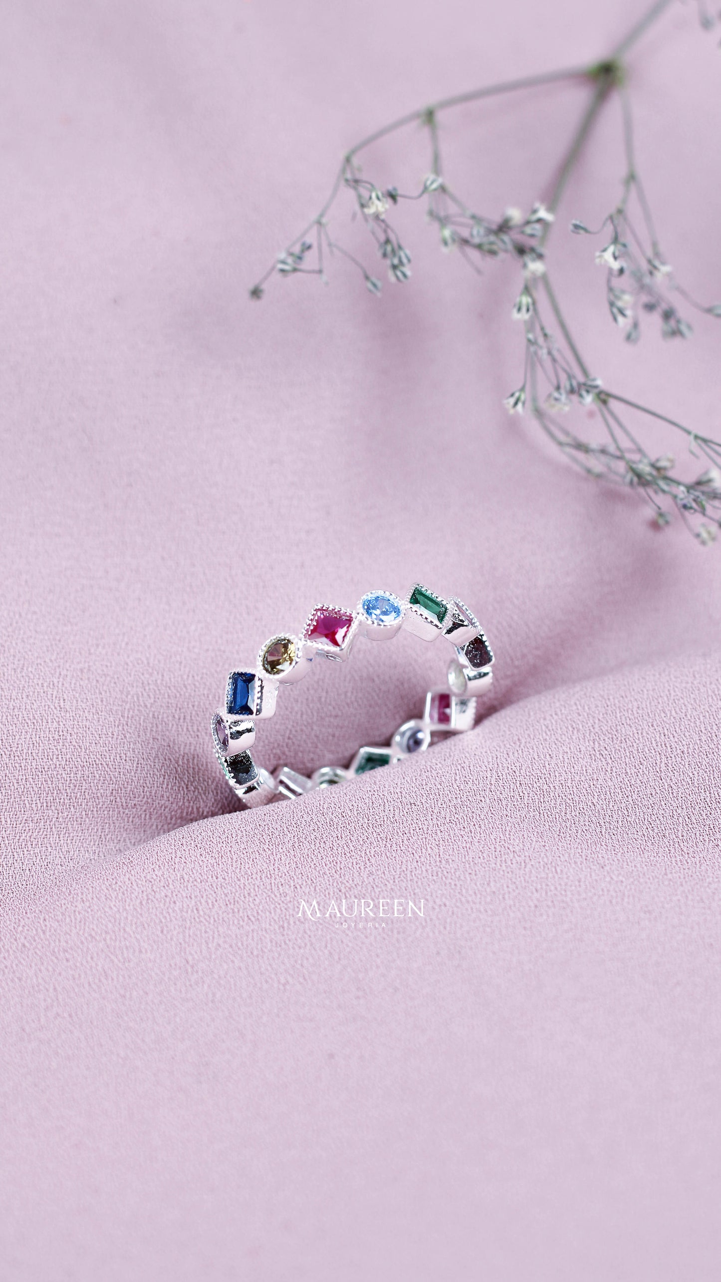 Anillo churumbela rombos y circulos multicolor - Plata