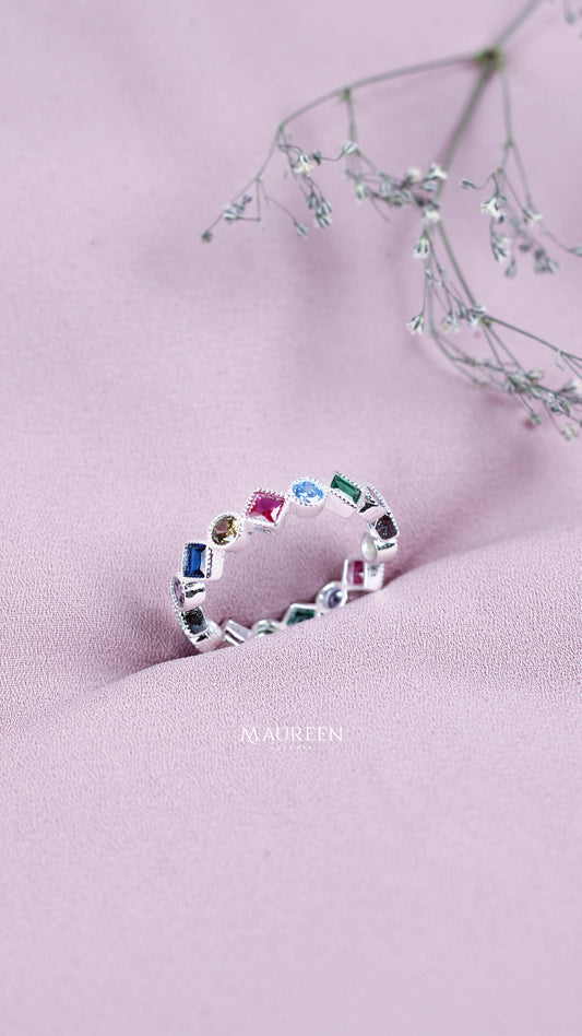 Anillo churumbela rombos y circulos multicolor - Plata