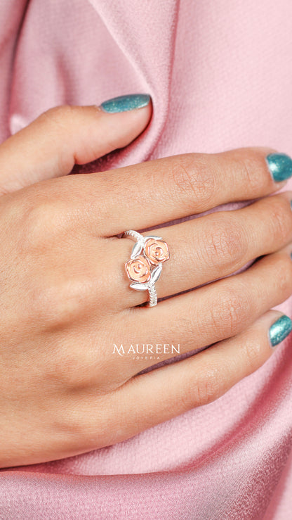 Anillo 2 rosas plata con oro y circones - Plata