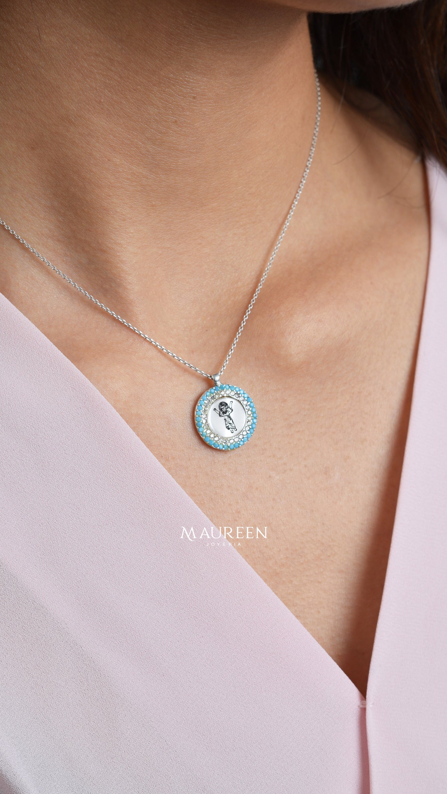 Collar Divino Niño  nácar con piedra turquesa - Plata