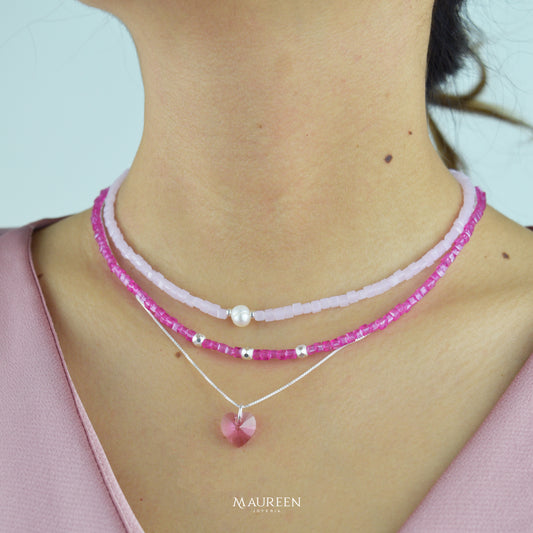 Collar corazon circon rosado - Plata