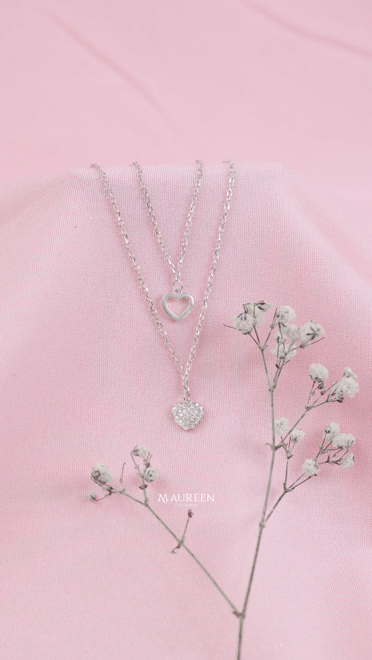 Collar doble corazon calado y corazon con circones - Plata