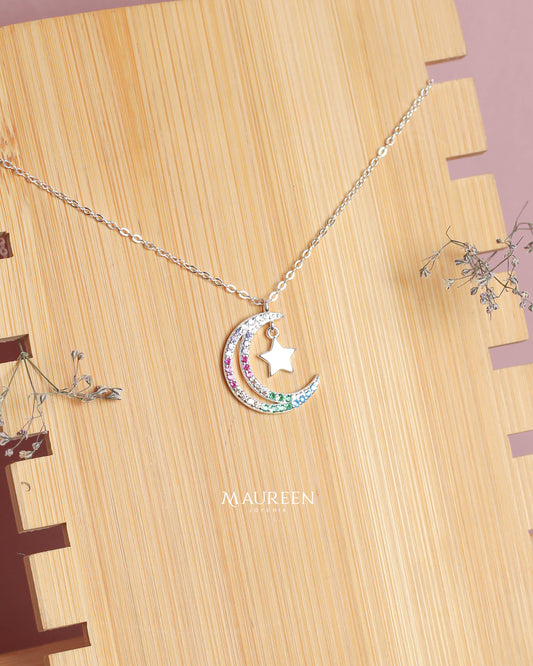 Collar luna y estrella multicolor - Plata