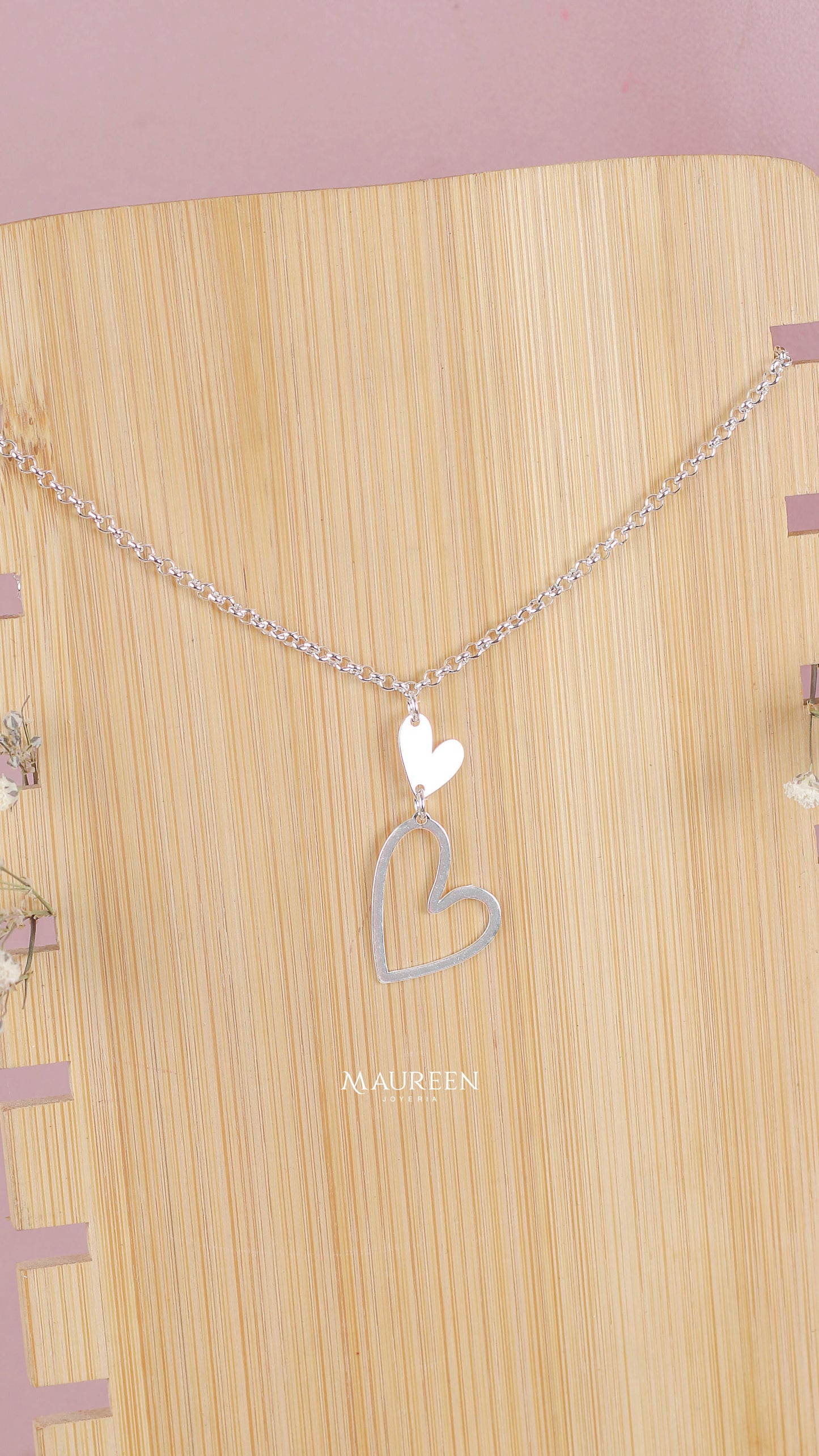 Collar corazon plano y corazon calado - Plata