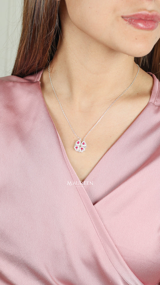 Collar trebol corazones fucsia - Plata