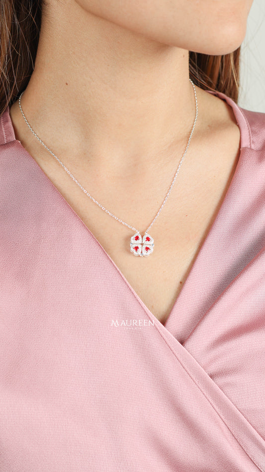 Collar trebol corazones rubi - Plata