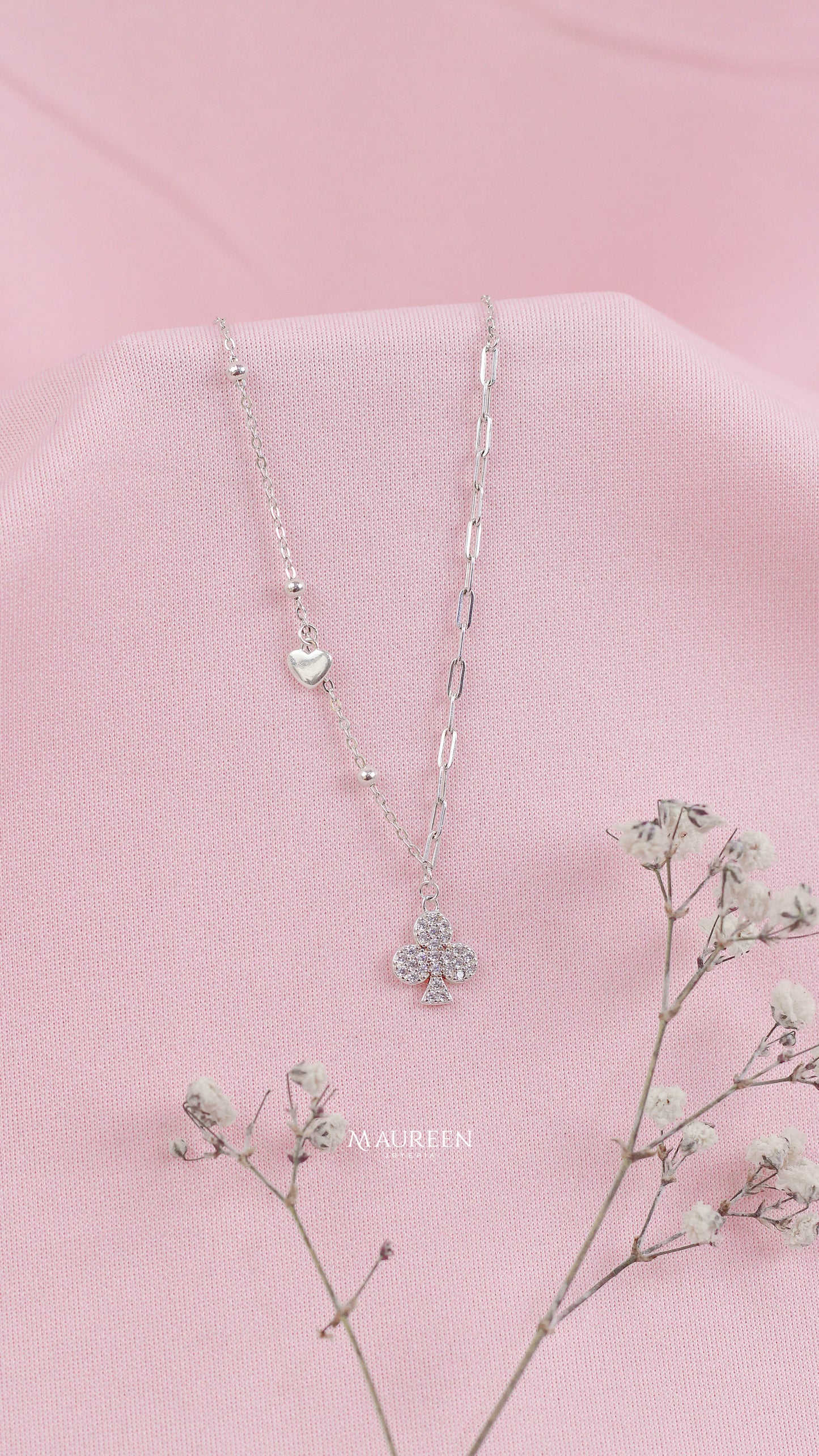 Collar trebol y corazon con doble cadena - Plata
