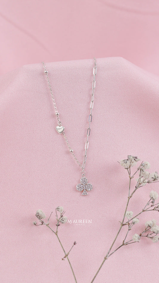 Collar trebol y corazon con doble cadena - Plata