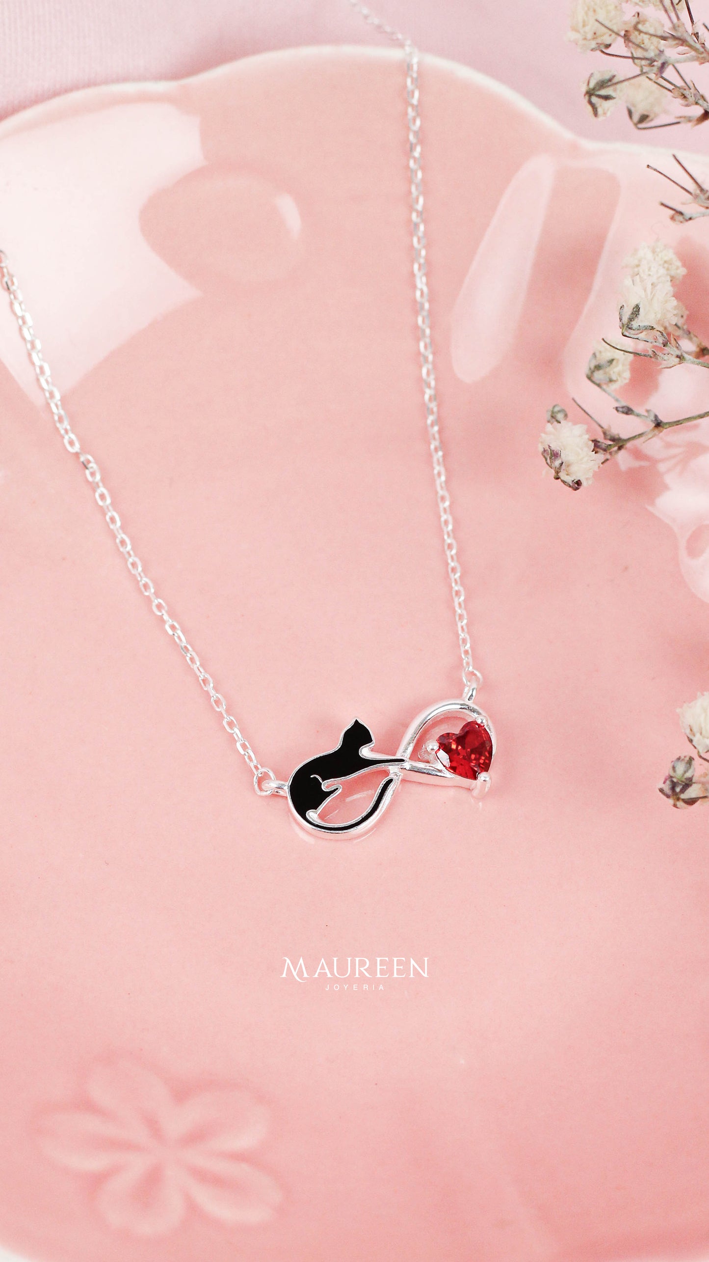 Collar infinito gato negro corazon rubi - Plata