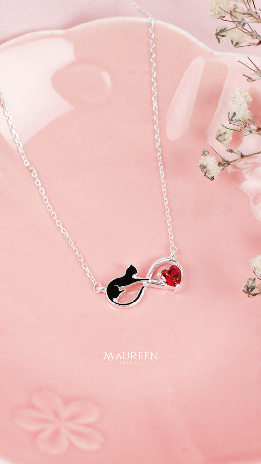 Collar infinito gato negro corazon rubi - Plata