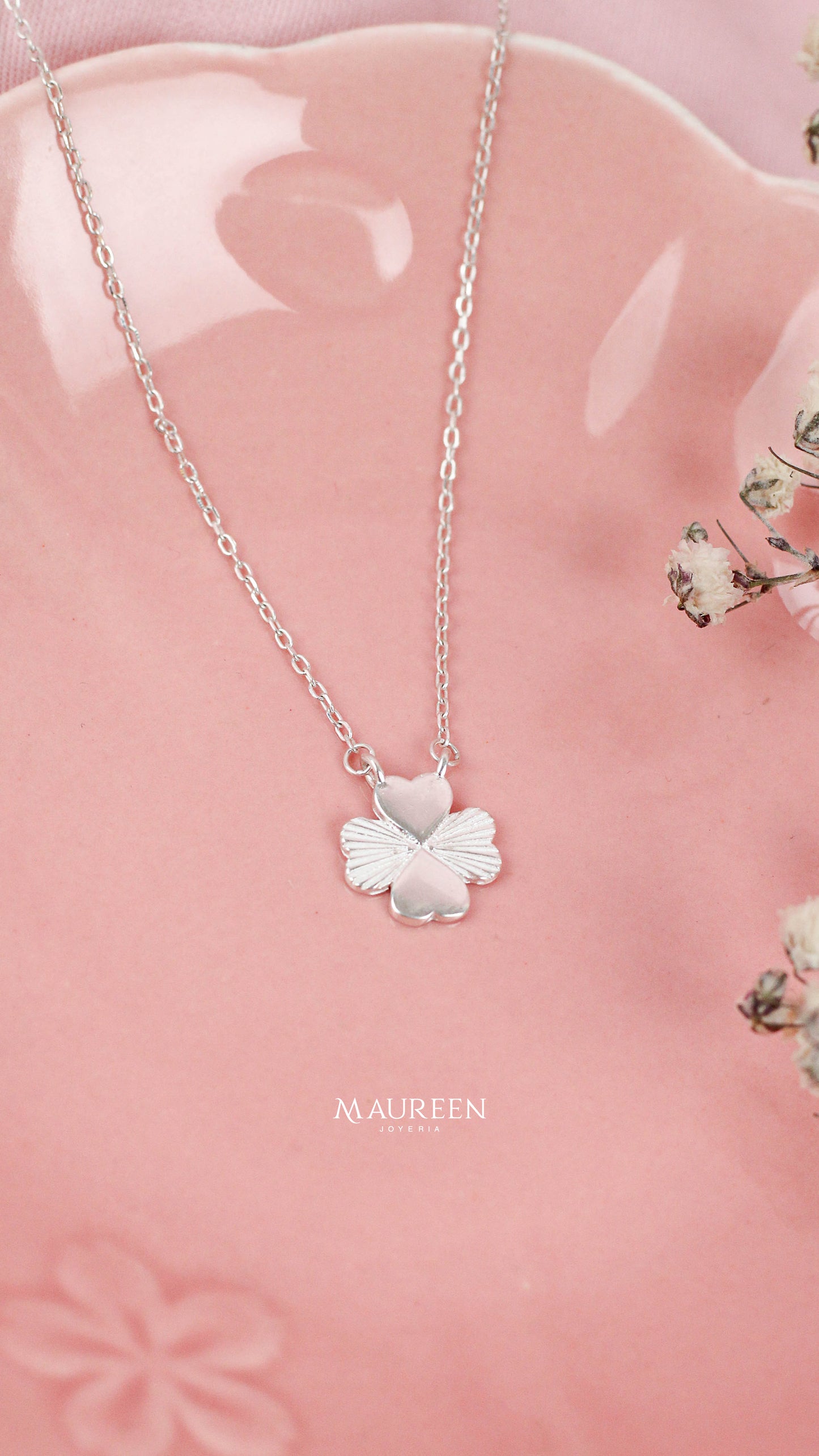 Collar trebol 2 petalos diamantado - Plata