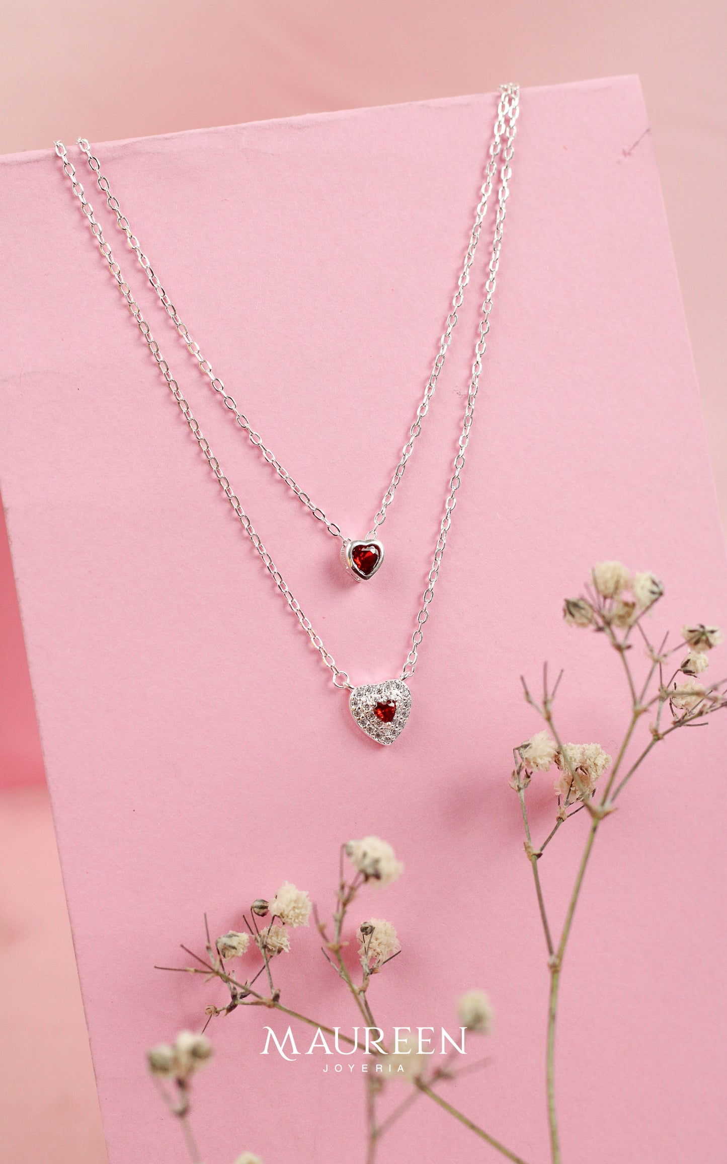 Collar doble cadena corazón con circones y corazón rubi - Plata