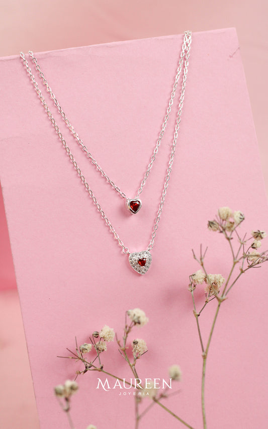 Collar doble cadena corazón con circones y corazón rubi - Plata