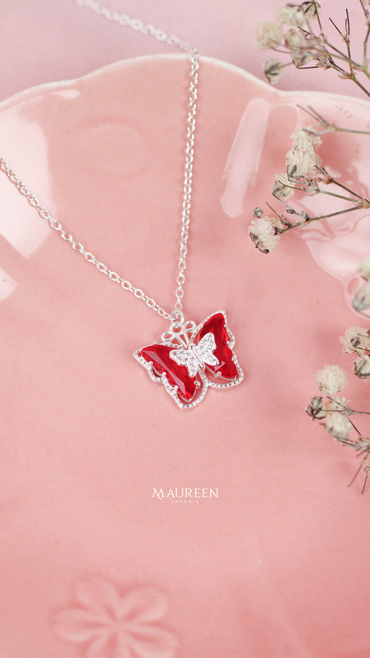 Collar mariposa roja circon   - Plata