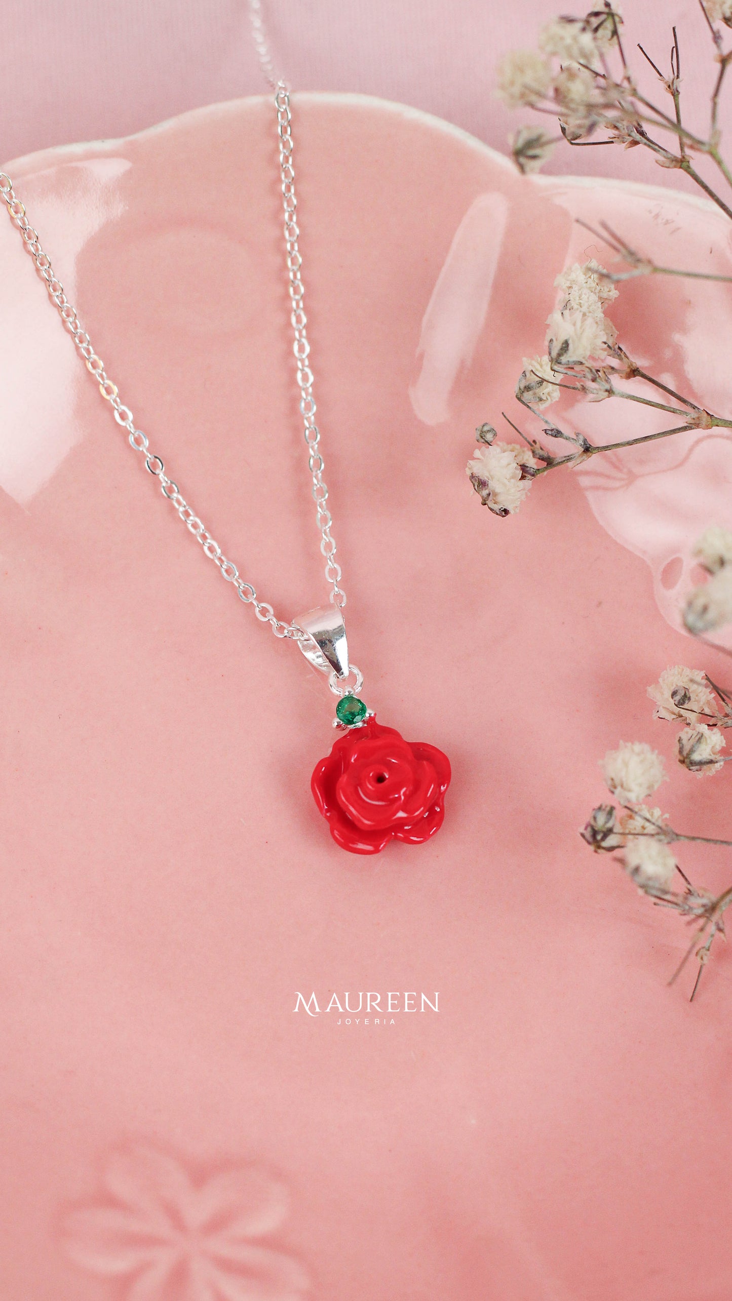 Collar rosa roja   - Plata