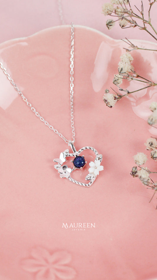 Collar corazon, flor de nacar y piedra lunar   - Plata
