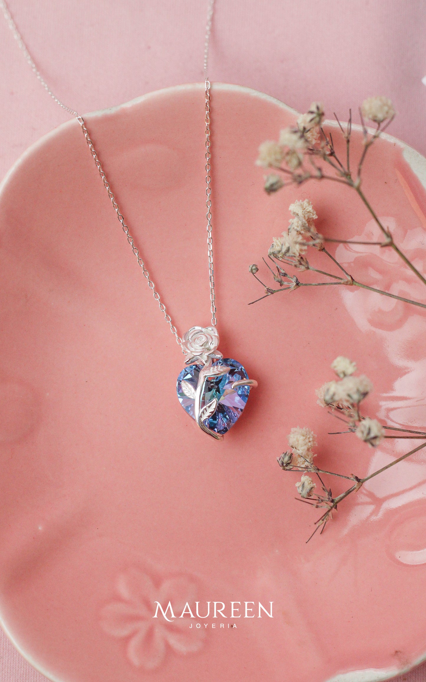 Collar corazon y rosa circon  - Plata