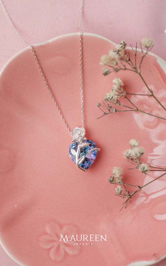 Collar corazon y rosa circon  - Plata