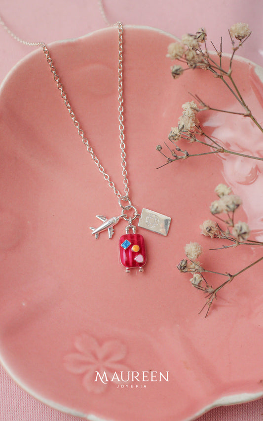 Collar maleta rosa esmaltado - Plata