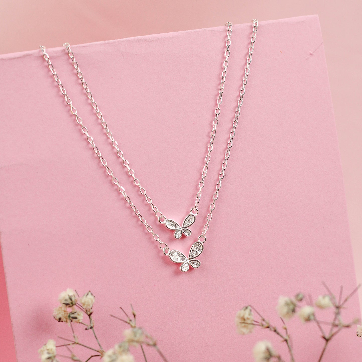Collar doble cadena dos mariposas - Plata