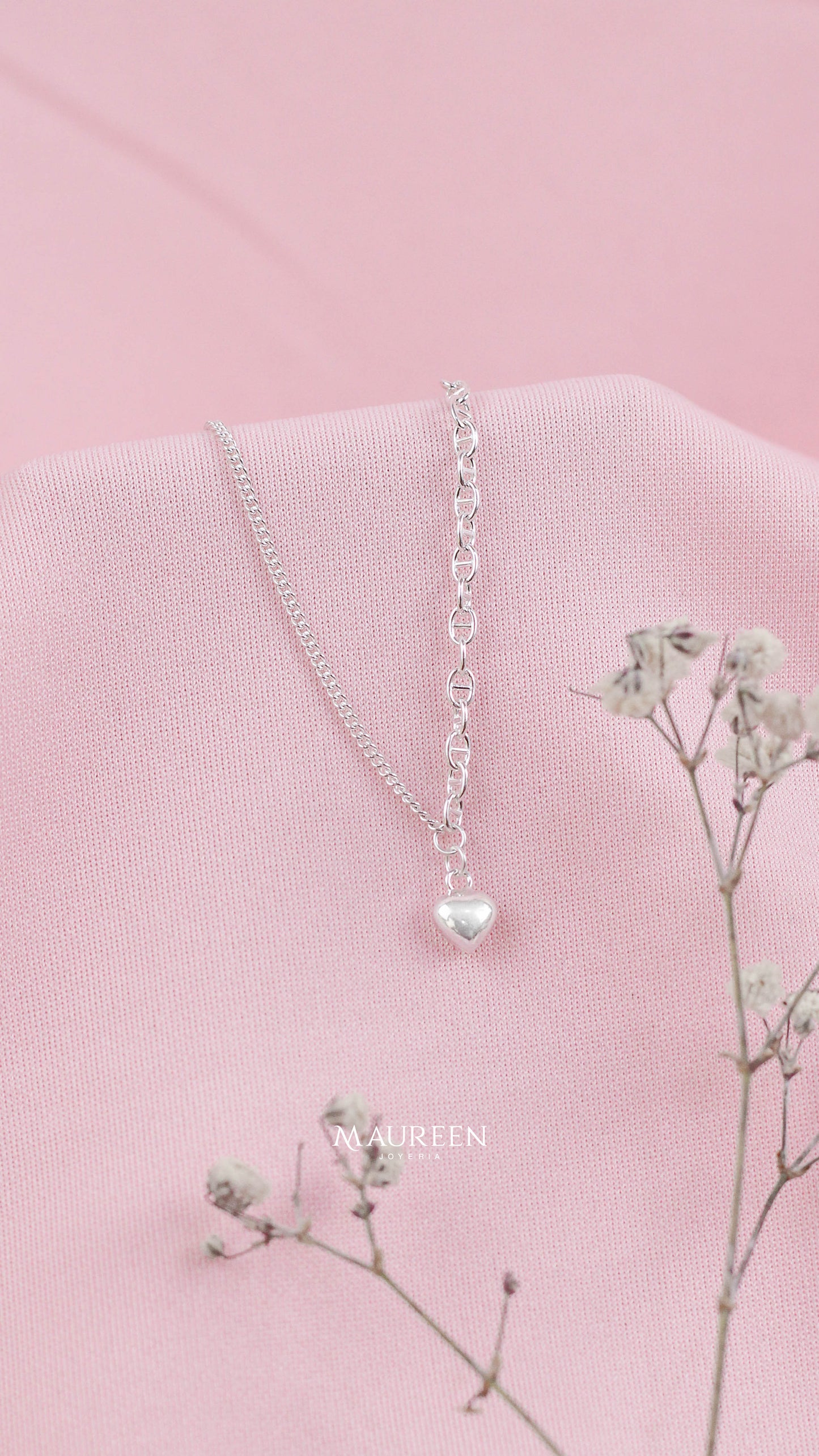Collar cadena mixta dije corazon - Plata