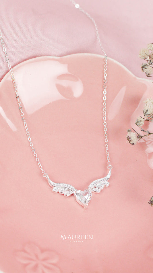 Collar corazon con alas con circones - Plata