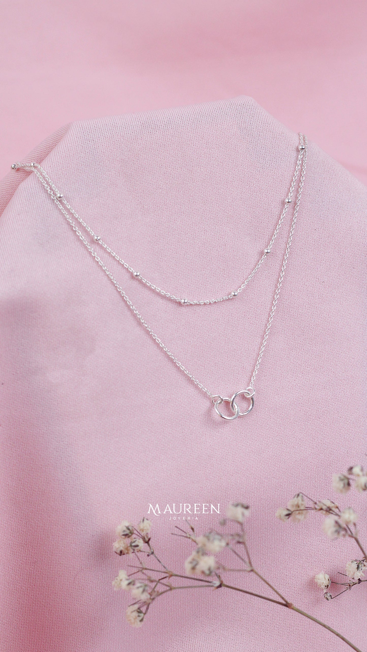 Collar doble cadena bolitas y aros - Plata