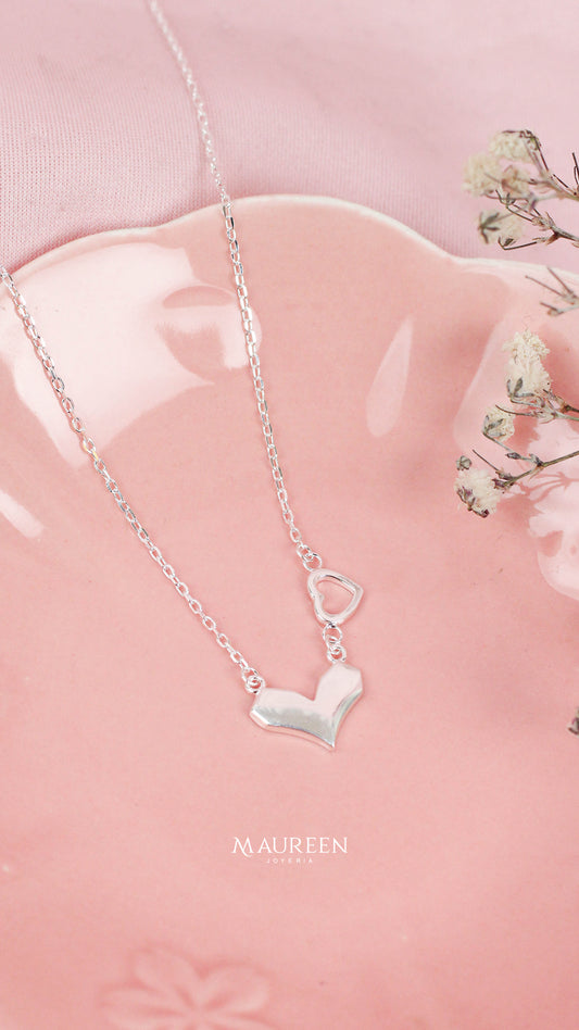 Collar corazon liso y corazon calado - Plata