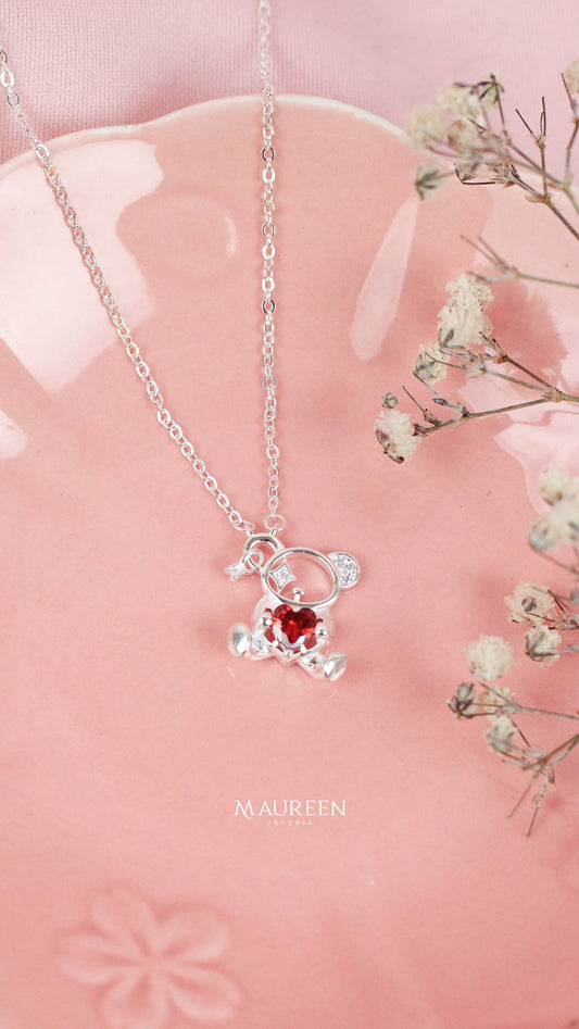 Collar oso calado corazon rubi - Plata