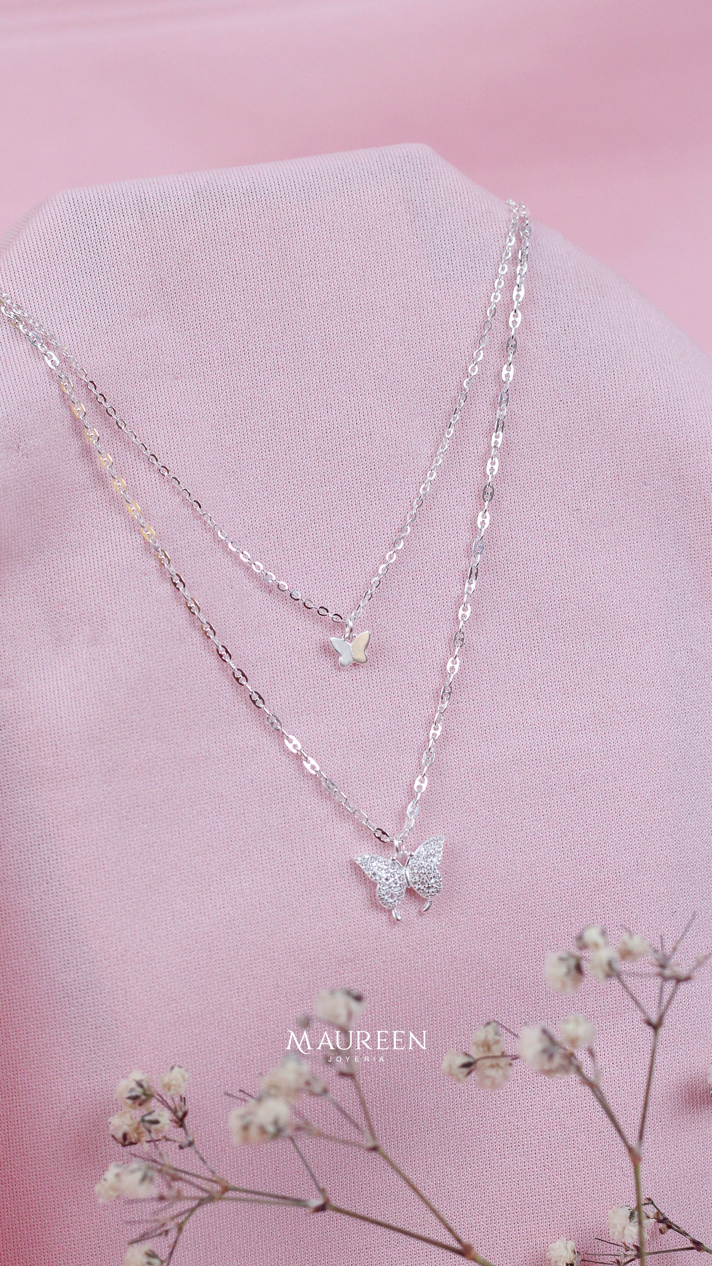 Collar cadena doble mariposa - Plata