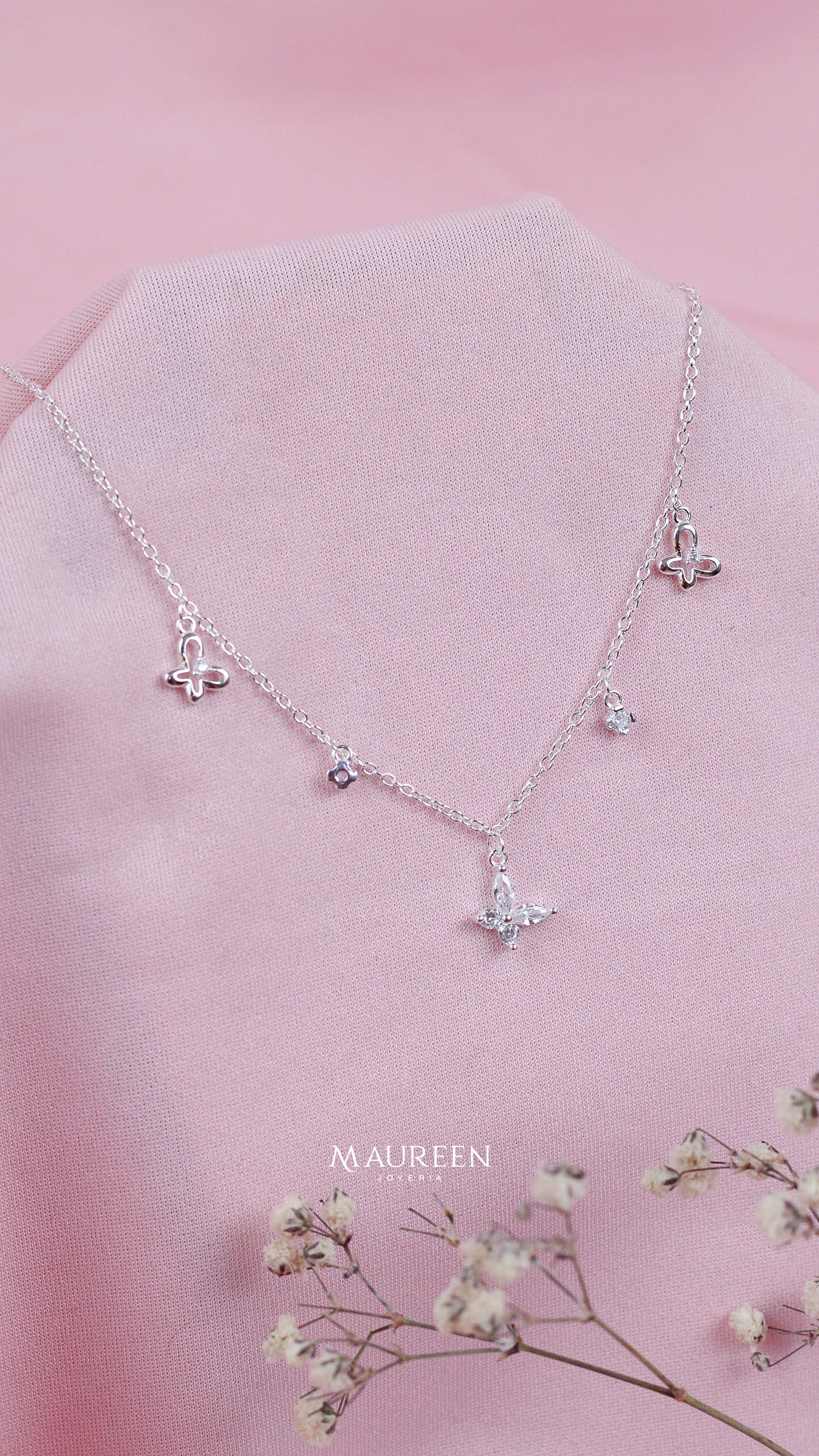 Collar 3 mariposas y circones - Plata