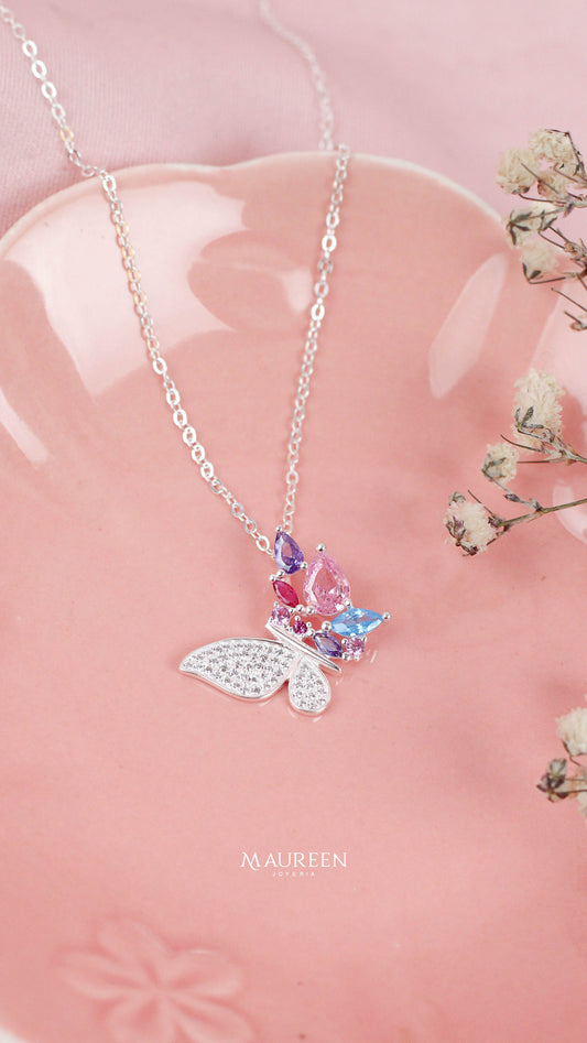 collar mariposa con circones de colores - Plata