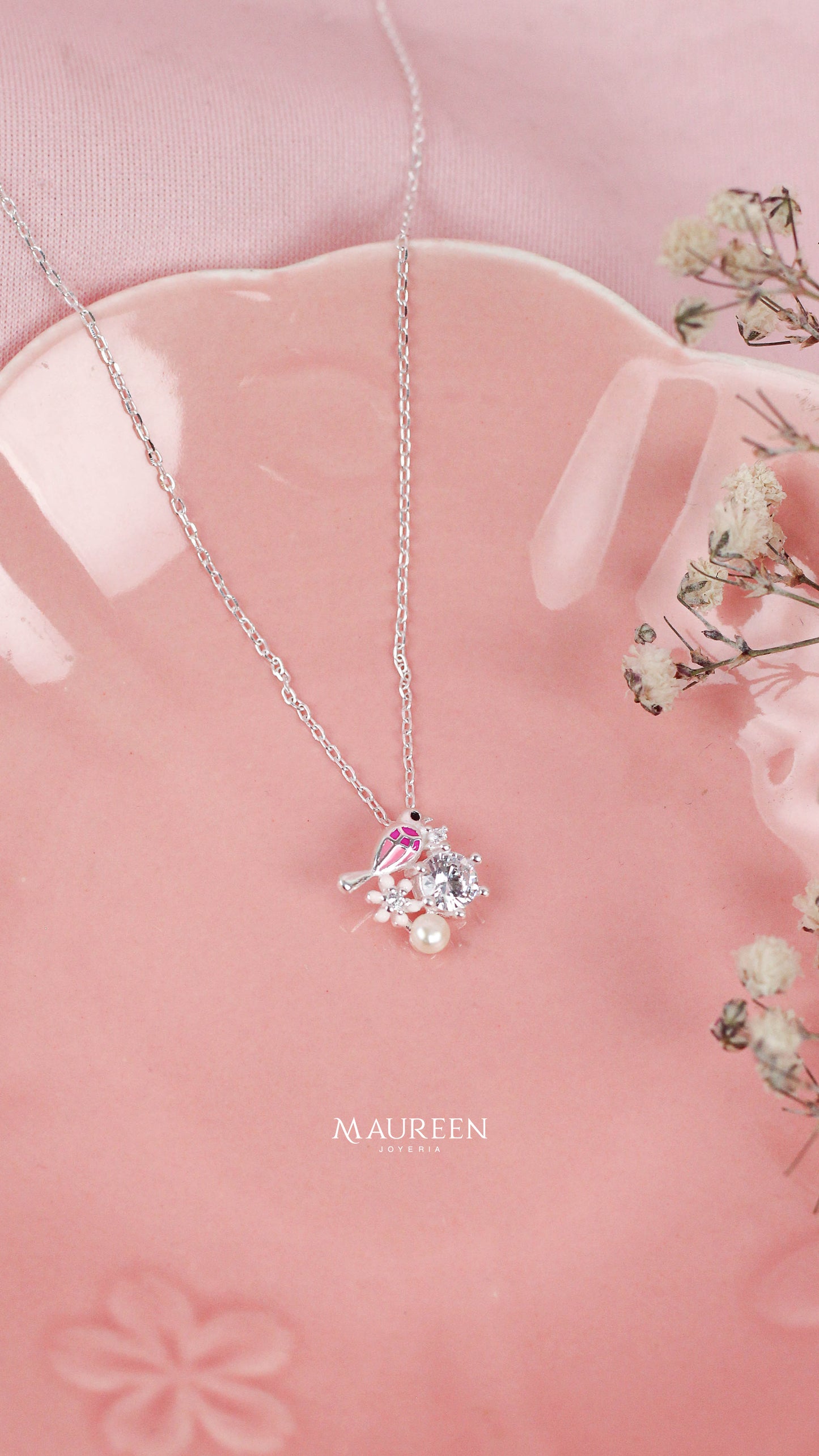 Collar colibri rosa con flor y perla - Plata