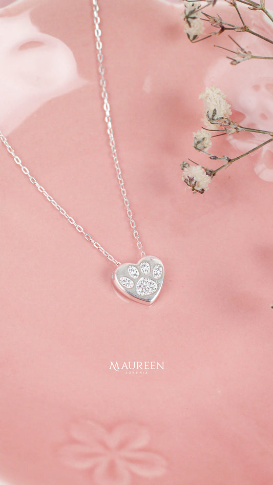Collar corazon huella perrito circones - Plata