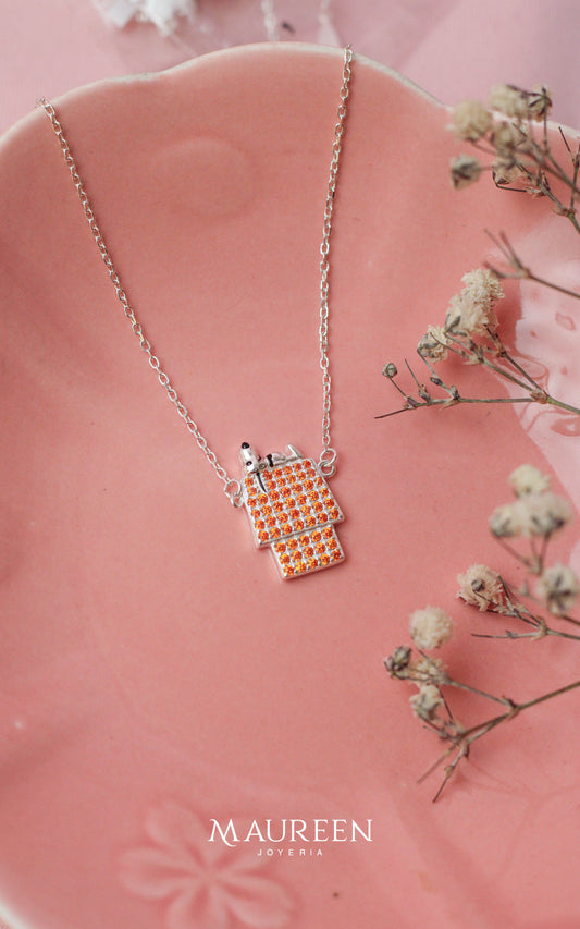 Collar snoppy con circones naranja - Plata