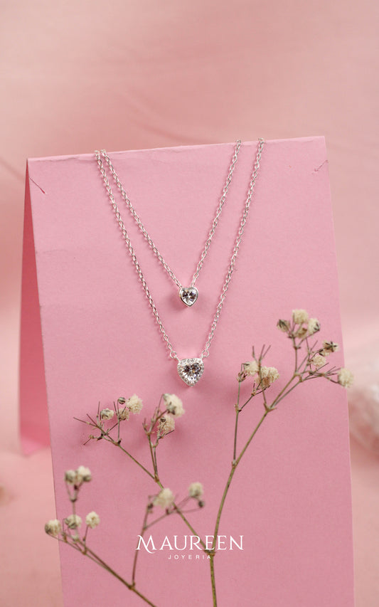 Collar doble cadena circon doble corazon  - Plata