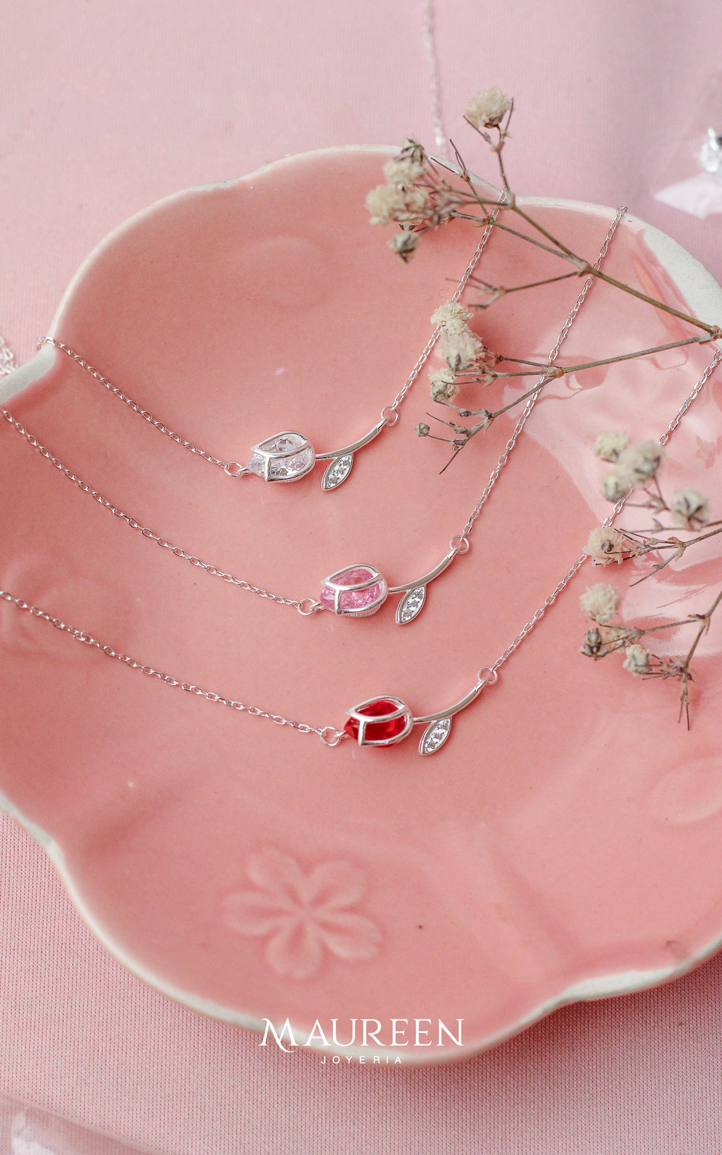 Collar tulipan echado con circones  - Plata