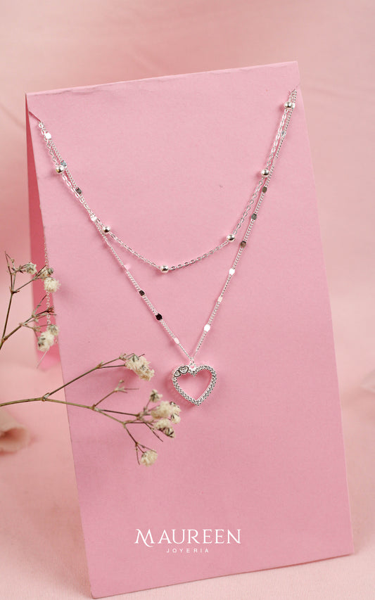 Collar doble cadena con dije corazon - Plata