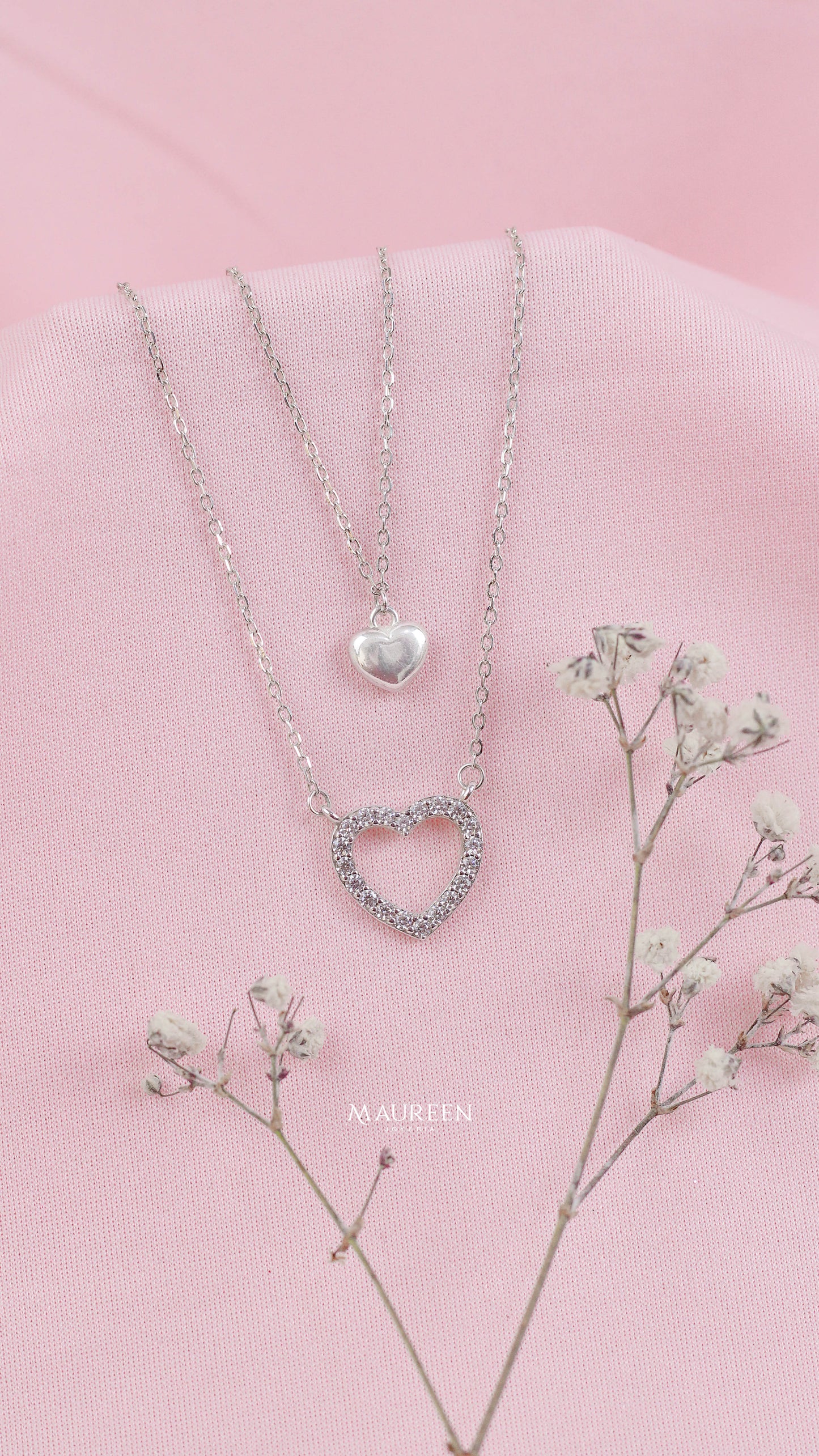 Collar doble corazones con circones - Plata