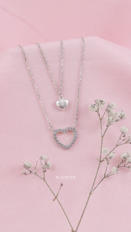 Collar doble corazones con circones - Plata