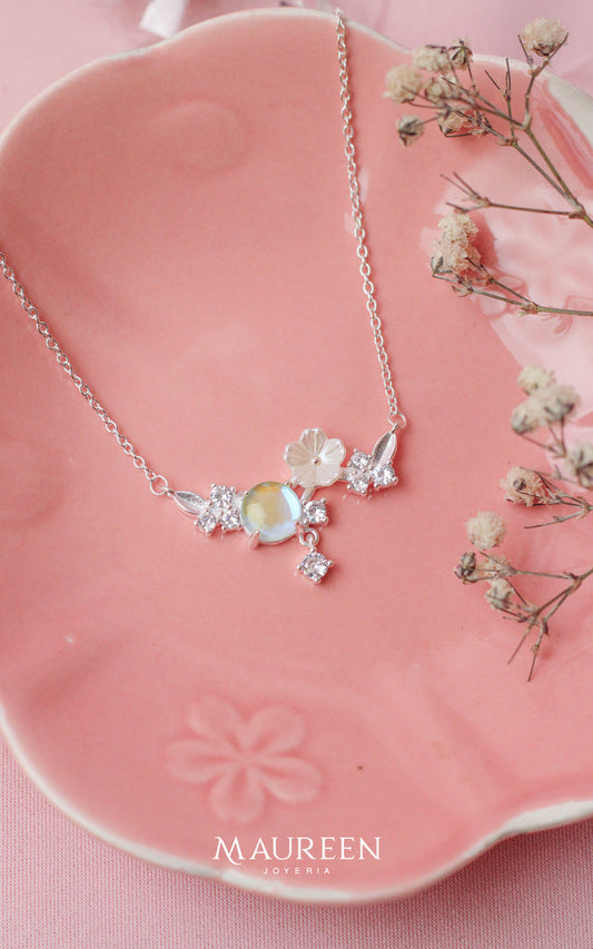 Collar flor piedra lunar - Plata