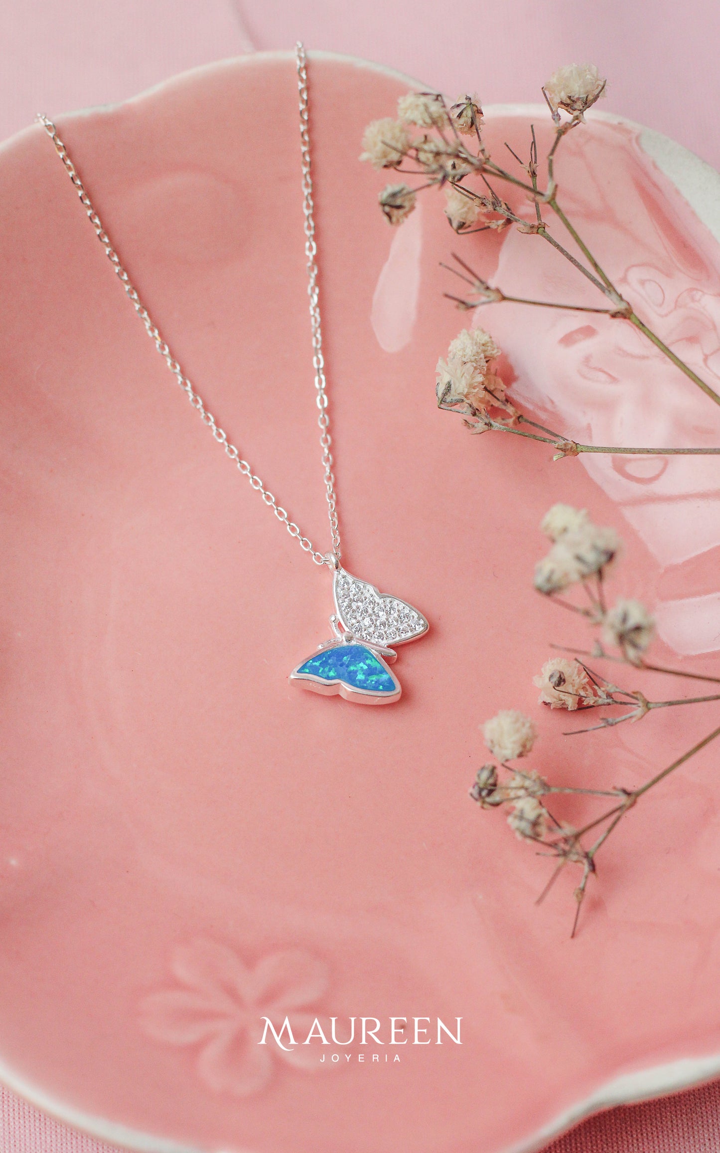 Collar mariposa ala opalo y circones - Plata