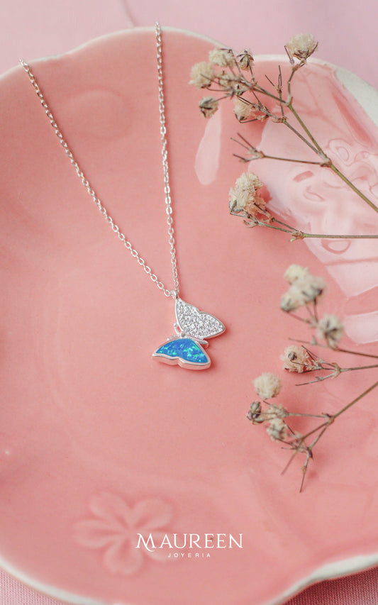 Collar mariposa ala opalo y circones - Plata