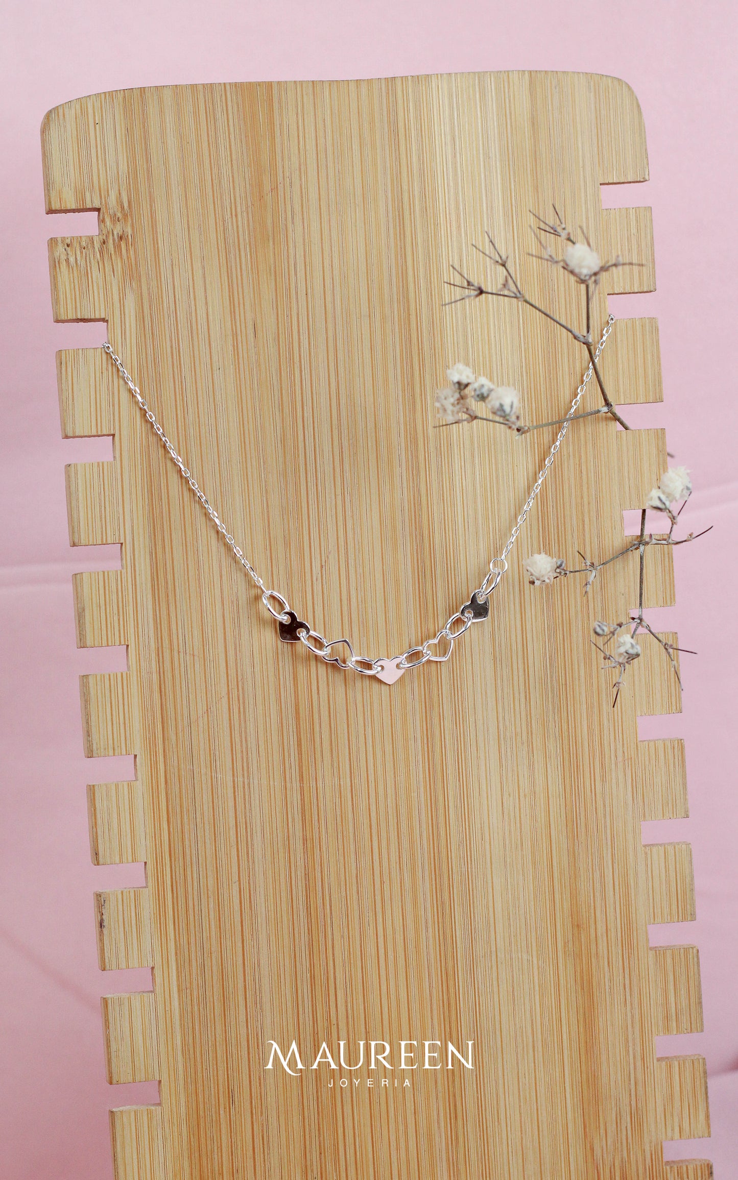 Collar 5 corazones con eslabones - Plata