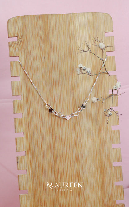Collar 5 corazones con eslabones - Plata