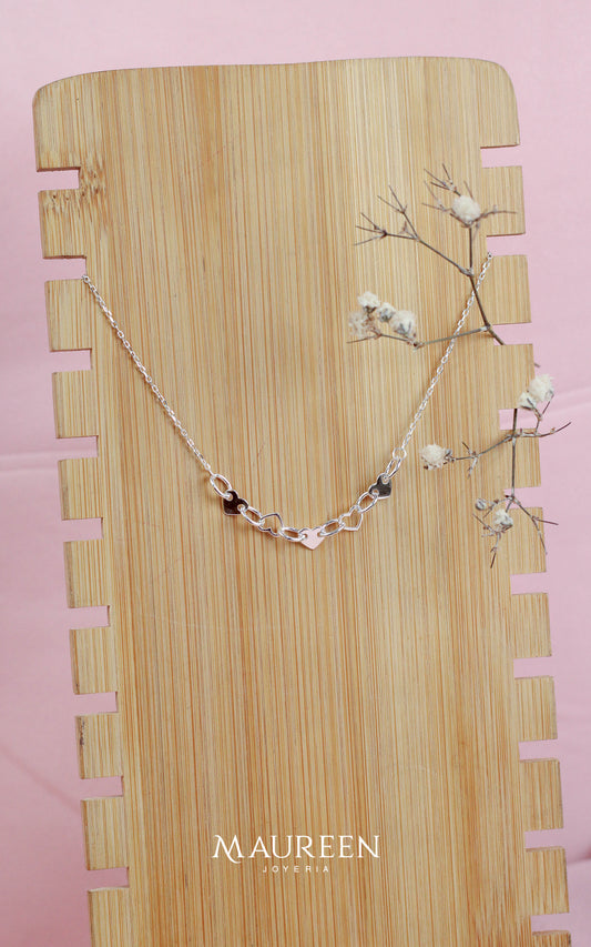 Collar 5 corazones con eslabones - Plata