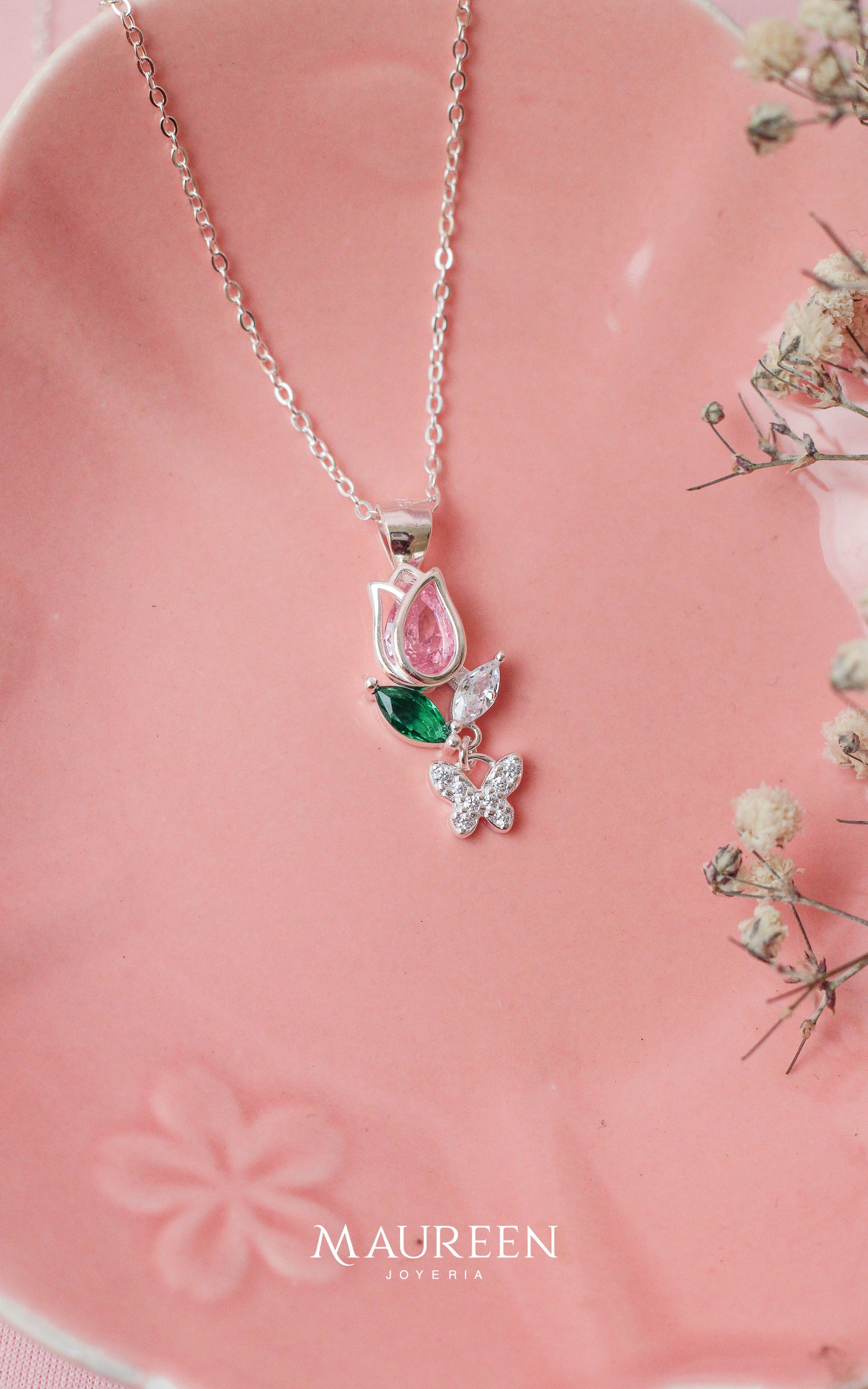 Collar tulipan rosa con mariposa  - Plata