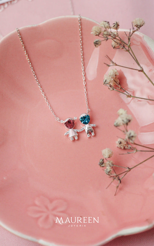Collar niño y niña circon rosa y zafiro - Plata